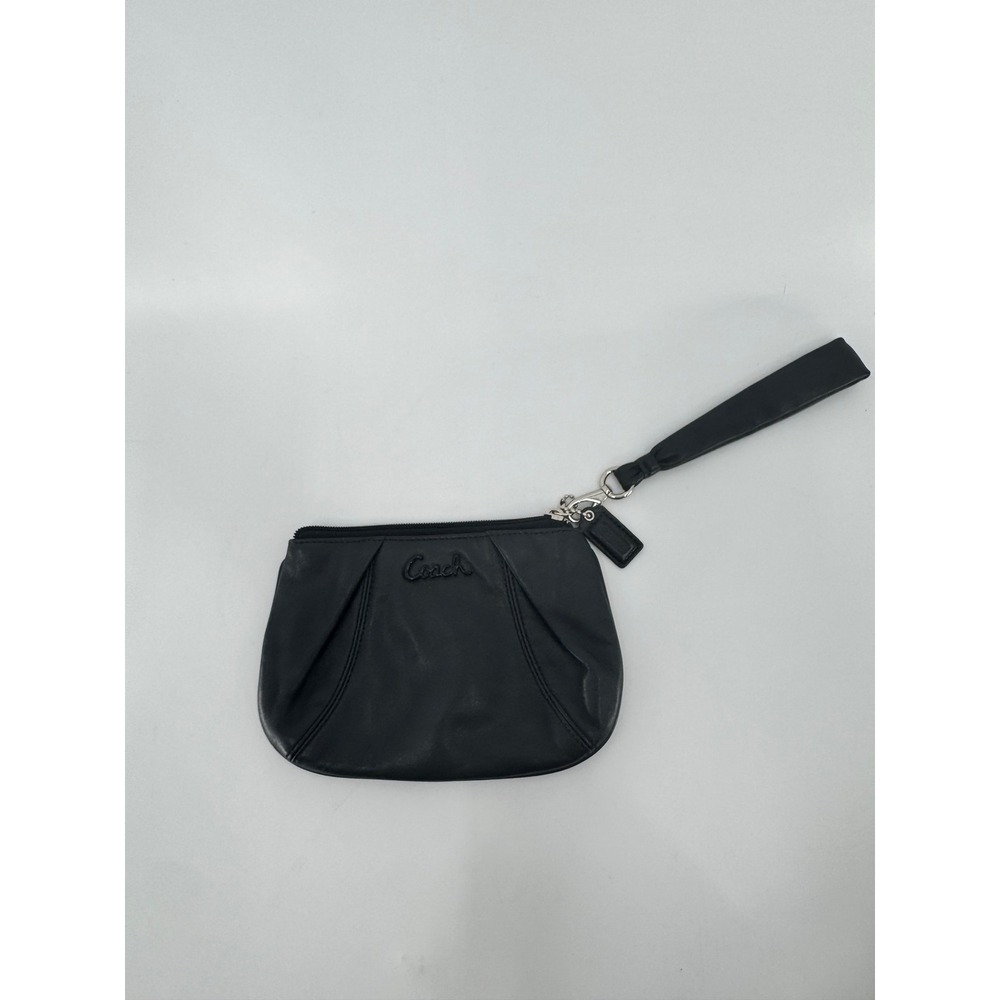 Coach‎ Wristlet Women OS Black Leather Pleated Zip Top Detachable Strap Handbag